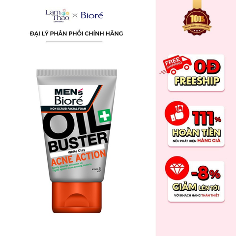  Sữa Rửa Mặt Cho Nam Sạch Nhờn Giảm Mụn Bioré Oil Buster White Clay Acne Action 