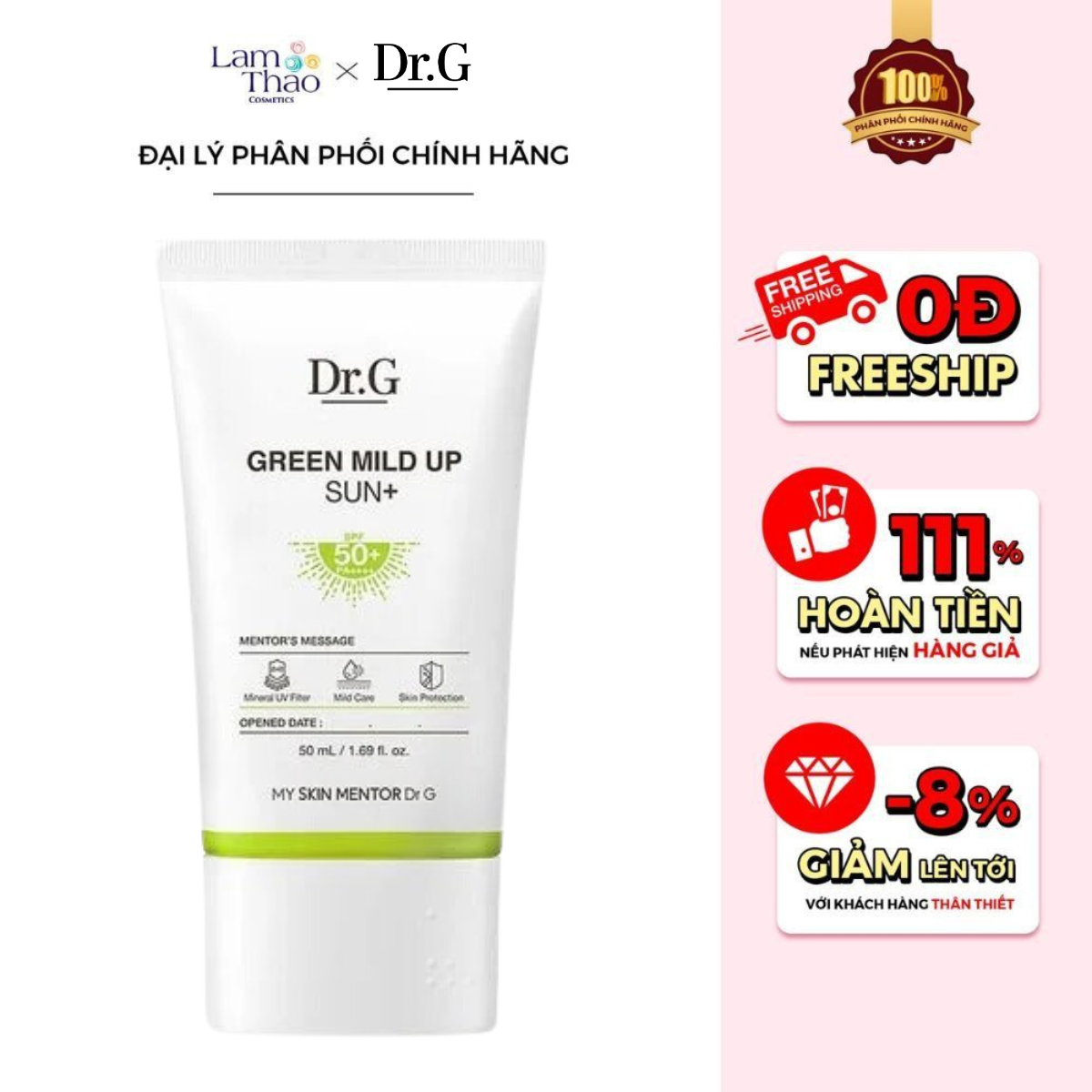 Kem Chống Nắng Vật Lý, Chống Ánh Sáng Xanh, Hỗ Trợ Hỗ Trợ Giảm Mụn Dành Cho Da Nhạy Cảm Dr.G Green Mild Up Sun SPF 50 PA