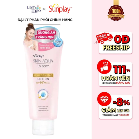  [MUA O1 SP SIZE 150G TẶNG 1 DÙ SKIN AQUA] Sữa Dưỡng Thể Chống Nắng Trắng Mịn Sunplay Skin Aqua UV Body Whitening Lotion SPF 50+ PA++++ 