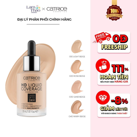  [TẶNG CỌ TÁN KEM NỀN] Kem Nền Che Phủ Kiềm Dầu 24H Catrice HD Liquid Coverage Foundation 