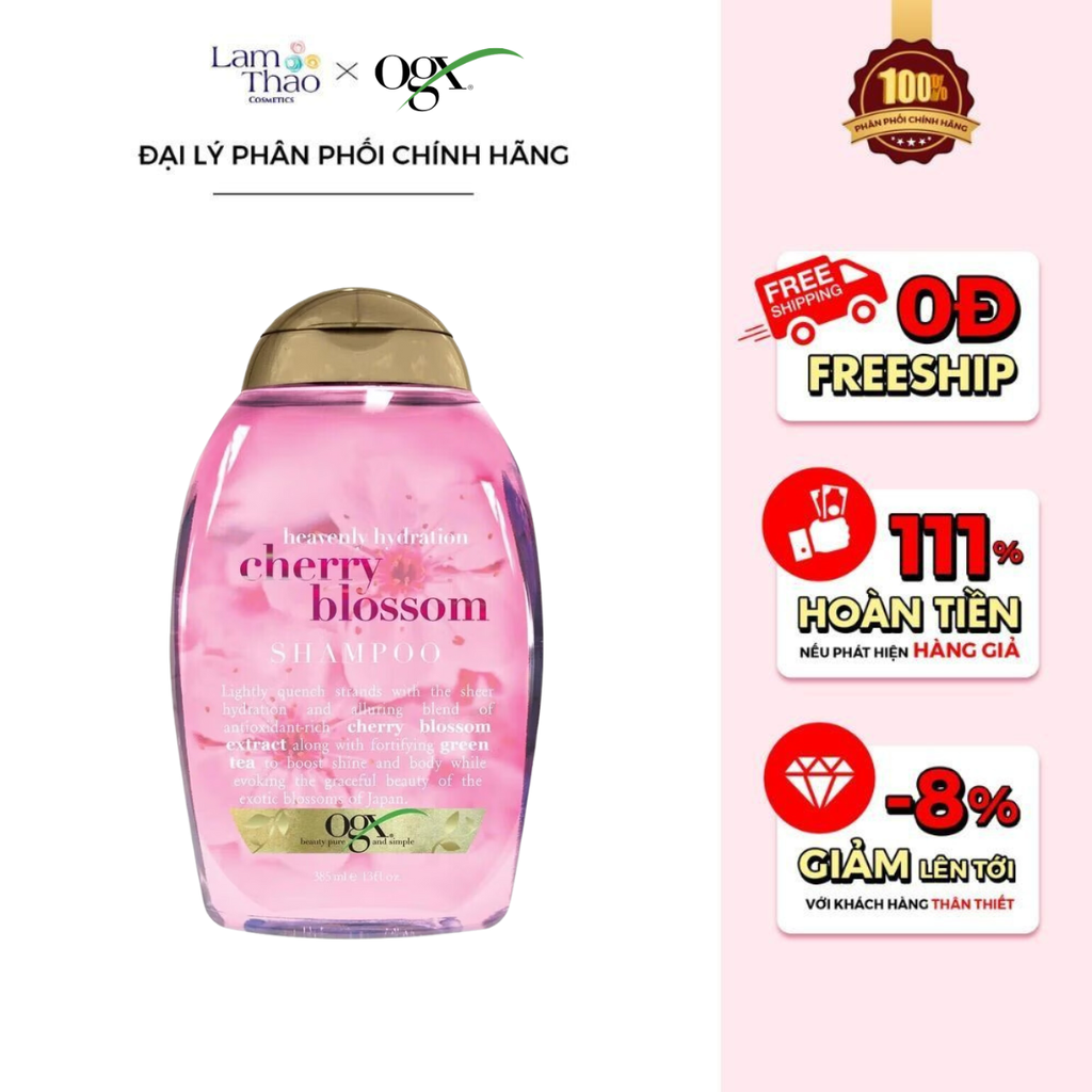 Dầu Gội Chiết Xuất Hoa Anh Đào Cấp Ẩm Cho Tóc OGX Heavenly Hydration + Cherry Blossom Shampoo