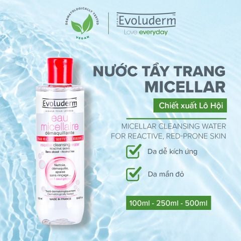  [MUA SIZE 500ML TẶNG BTT EVOLUDERM] Nước Tẩy Trang Chiết Xuất Lô Hội Cho Da Mẫn Cảm Kích Ứng Evoluderm Micellar Cleansing Water Reactive Skins 