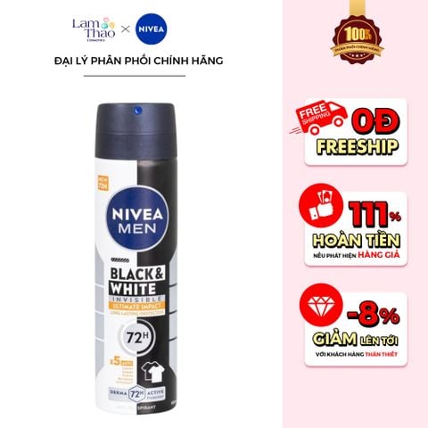  Xịt Khử Mùi Ngăn Vệt Ố Vàng Nivea Men Black & White Invisible Ultimate Impact Long Lasting Protection 72H Active 