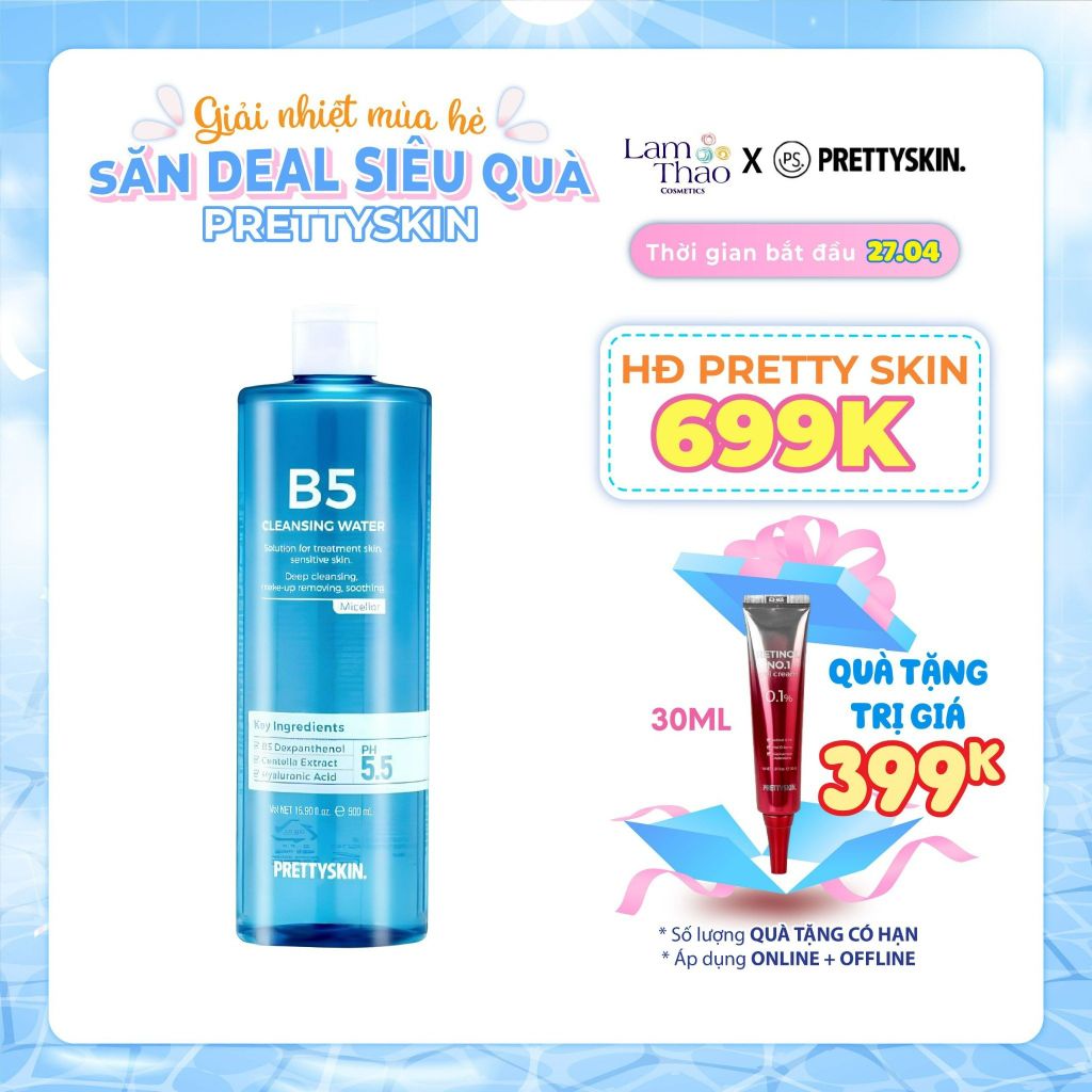 [KHI MUA SP PRETTY SKIN FULLSIZE TẶNG 1 TÚI TOTE PRETTY SKIN] [HĐ 699K PRETTY SKIN TẶNG KEM DƯỠNG RETINOL] Nước Tẩy Trang Phục Hồi Cho Da Nhạy Cảm Pretty Skin B5 Cleansing Water 500ml