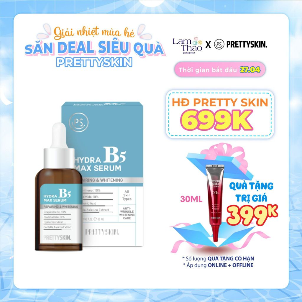 [KHI MUA SP PRETTY SKIN FULLSIZE TẶNG 1 TÚI TOTE PRETTY SKIN] [HĐ 699K PRETTY SKIN TẶNG KEM DƯỠNG RETINOL]  Tinh Chất Phục Hồi, Dưỡng Trắng Da Pretty Skin Hydra B5 Max Serum