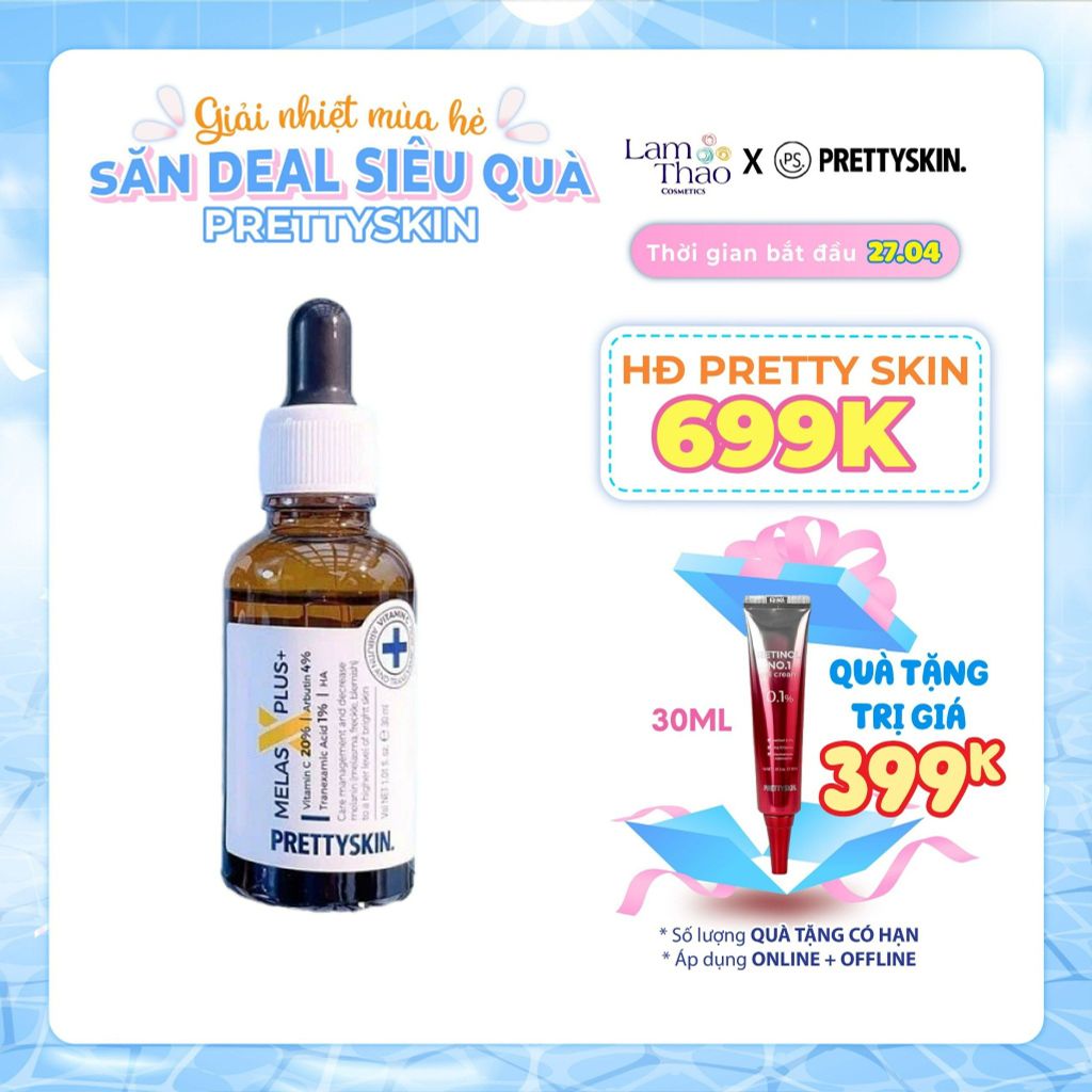 [KHI MUA SP PRETTY SKIN FULLSIZE TẶNG 1 TÚI TOTE PRETTY SKIN] [HĐ 699K PRETTY SKIN TẶNG KEM DƯỠNG RETINOL] Tinh Chất Dưỡng Trắng Da, Mờ Thâm Pretty Skin Melas X Plus+ Vitamin C 20% Arbutin 4%