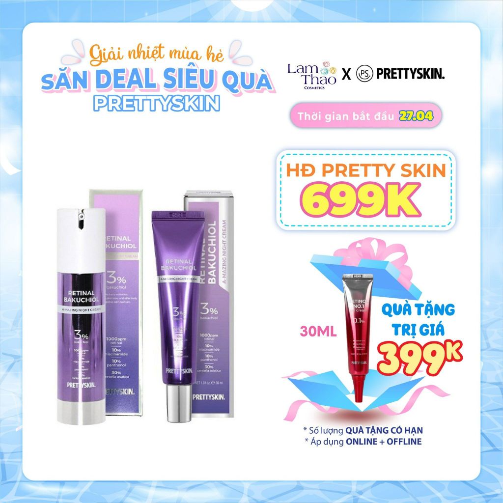 [KHI MUA SP PRETTY SKIN FULLSIZE TẶNG 1 TÚI TOTE PRETTY SKIN] [MUA 30ML TẶNG 2 MASK + 1 BĂNG ĐÔ][MUA 50ML TẶNG 1 SRM PRETTY SKIN + 1 MASK + 1 BĂNG ĐÔ] Kem Dưỡng Ban Đêm Tái Tạo, Phục Hồi Và Trẻ Hóa Làn Da Pretty Skin Retinal BakuChiol A-Mazing Night Cream