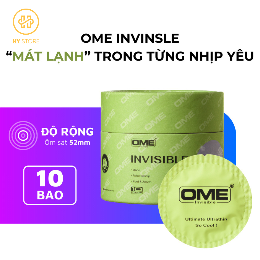 [Combo 2 hộp 10 cái] Bao cao su OME INVISIBLE size 52mm siêu mỏng gel lạnh, hương bạc hà