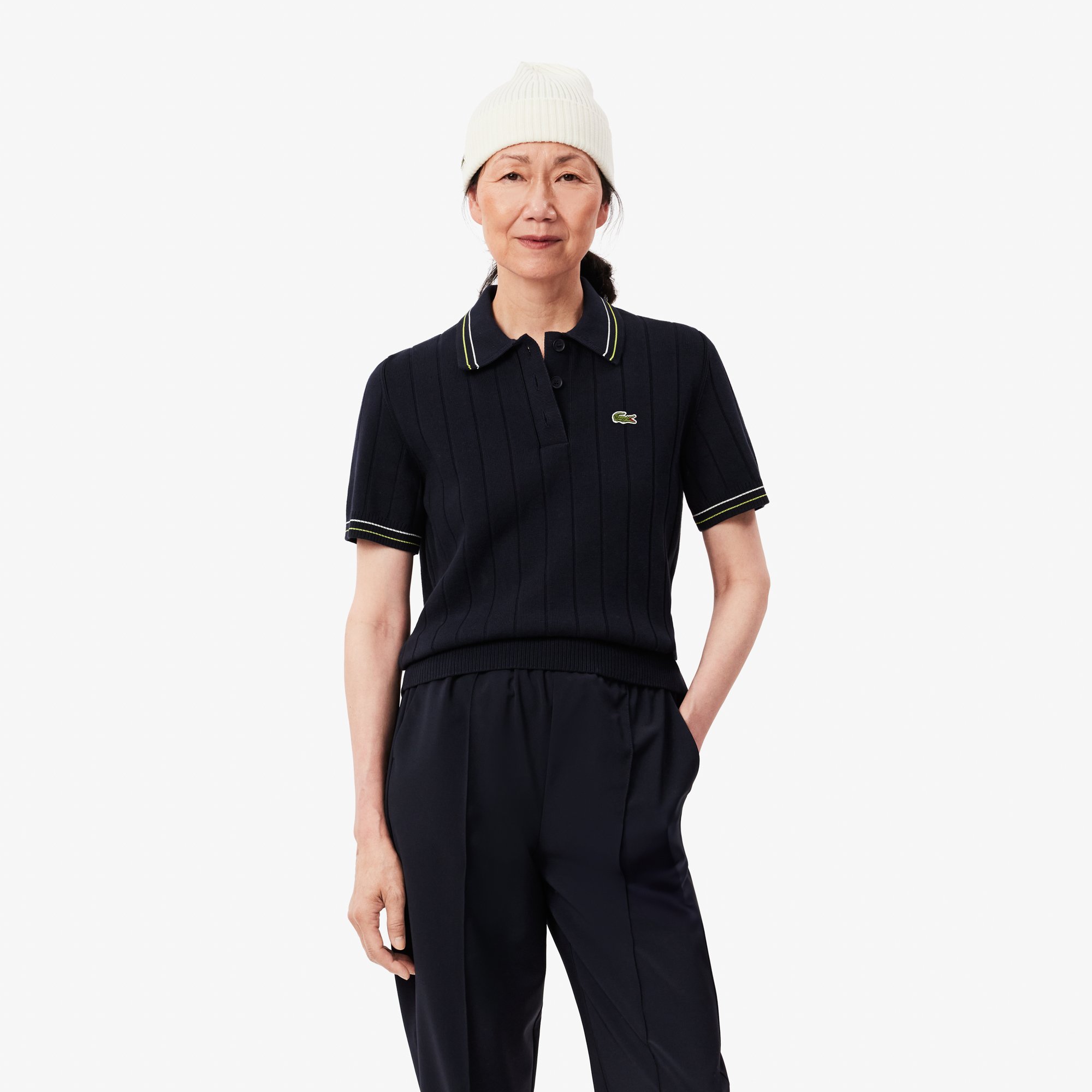 Áo Len Polo Lacoste Nữ Có Sọc Nổi Chất Liệu Cotton Do Pháp Sản Xuất