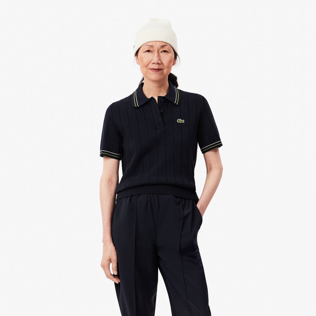 Áo Len Polo Lacoste Nữ Có Sọc Nổi Chất Liệu Cotton Do Pháp Sản Xuất