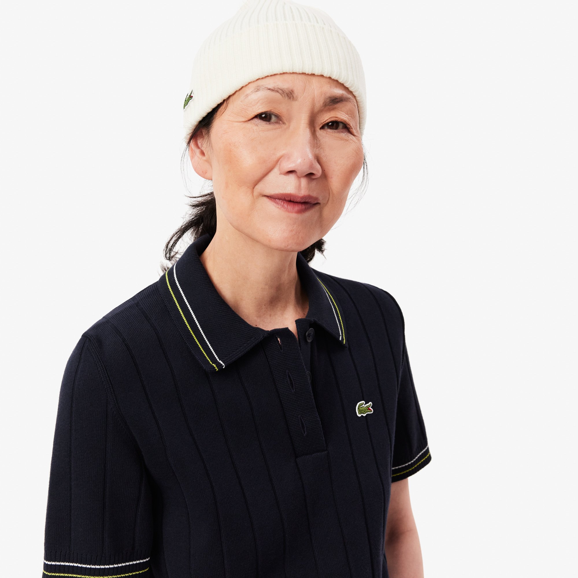 Áo Len Polo Lacoste Nữ Có Sọc Nổi Chất Liệu Cotton Do Pháp Sản Xuất