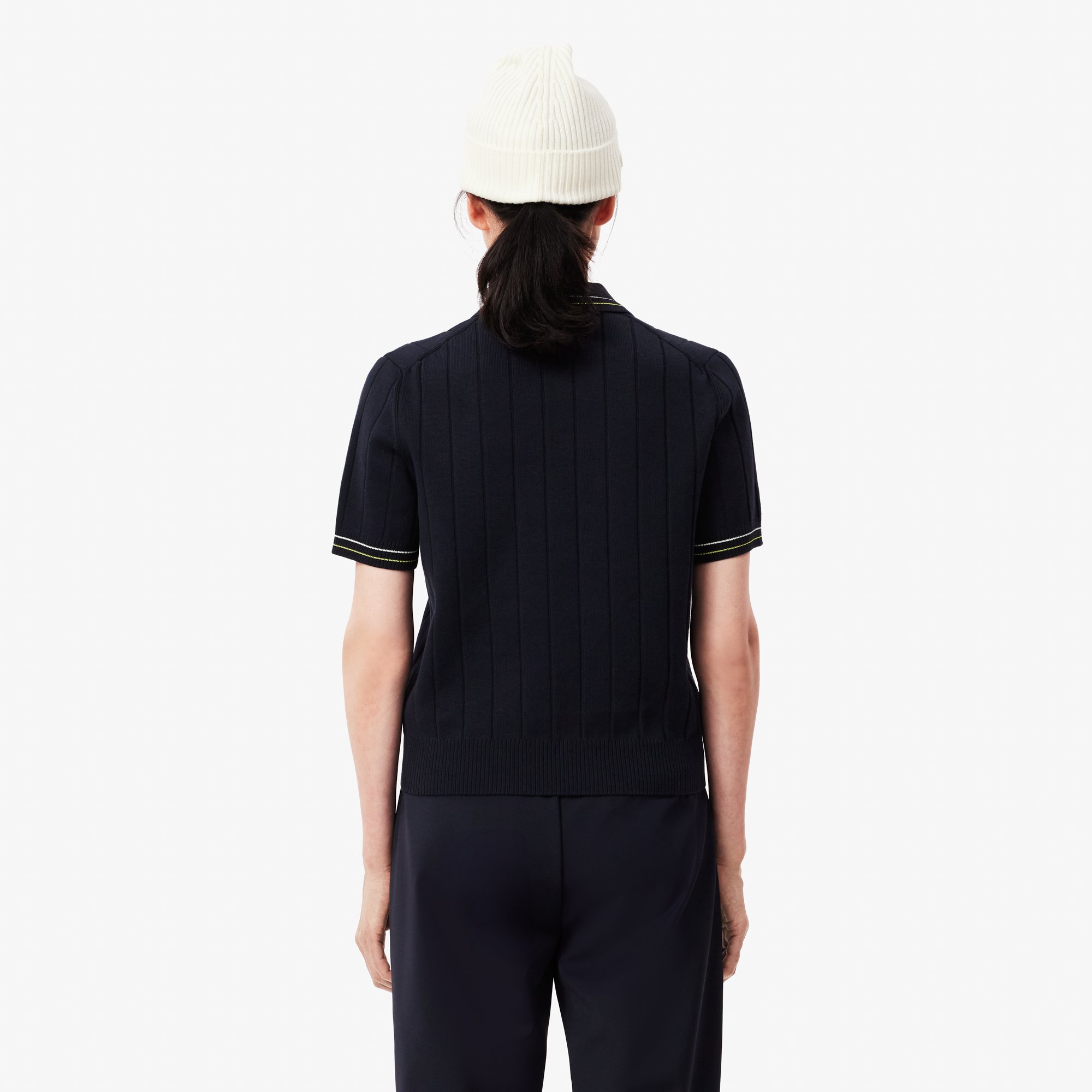 Áo Len Polo Lacoste Nữ Có Sọc Nổi Chất Liệu Cotton Do Pháp Sản Xuất