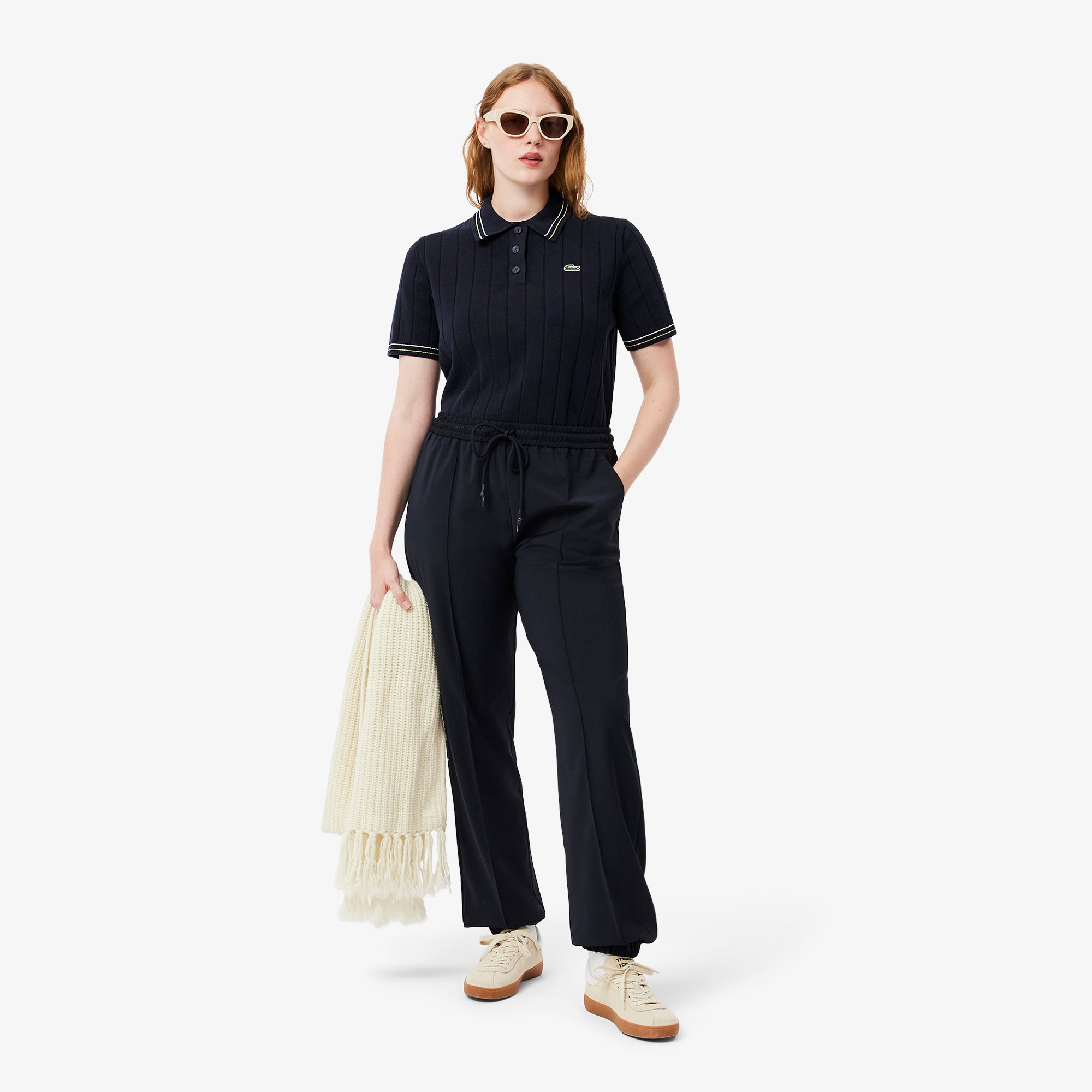 Áo Len Polo Lacoste Nữ Có Sọc Nổi Chất Liệu Cotton Do Pháp Sản Xuất