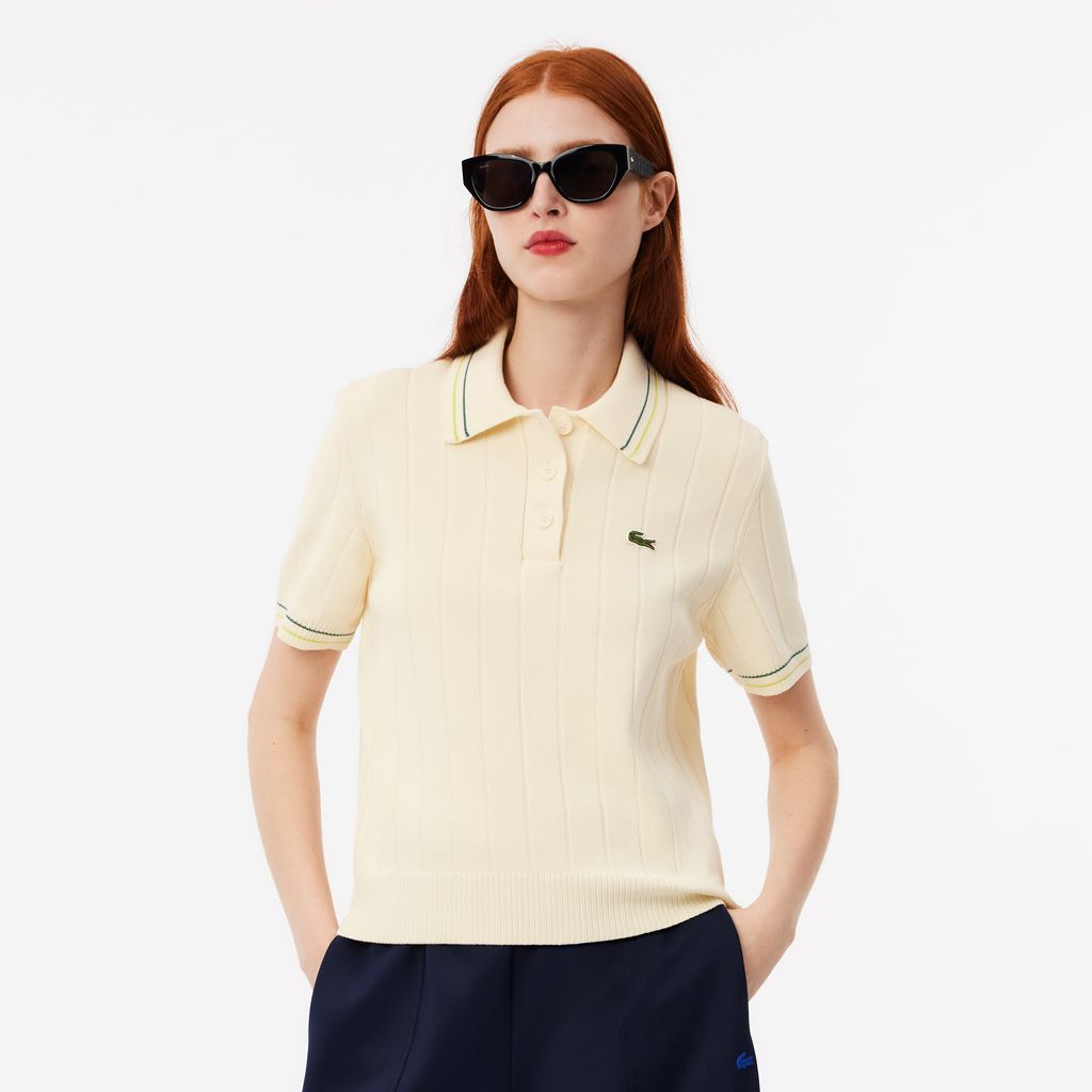 Áo Len Polo Lacoste Nữ Có Sọc Nổi Chất Liệu Cotton Do Pháp Sản Xuất