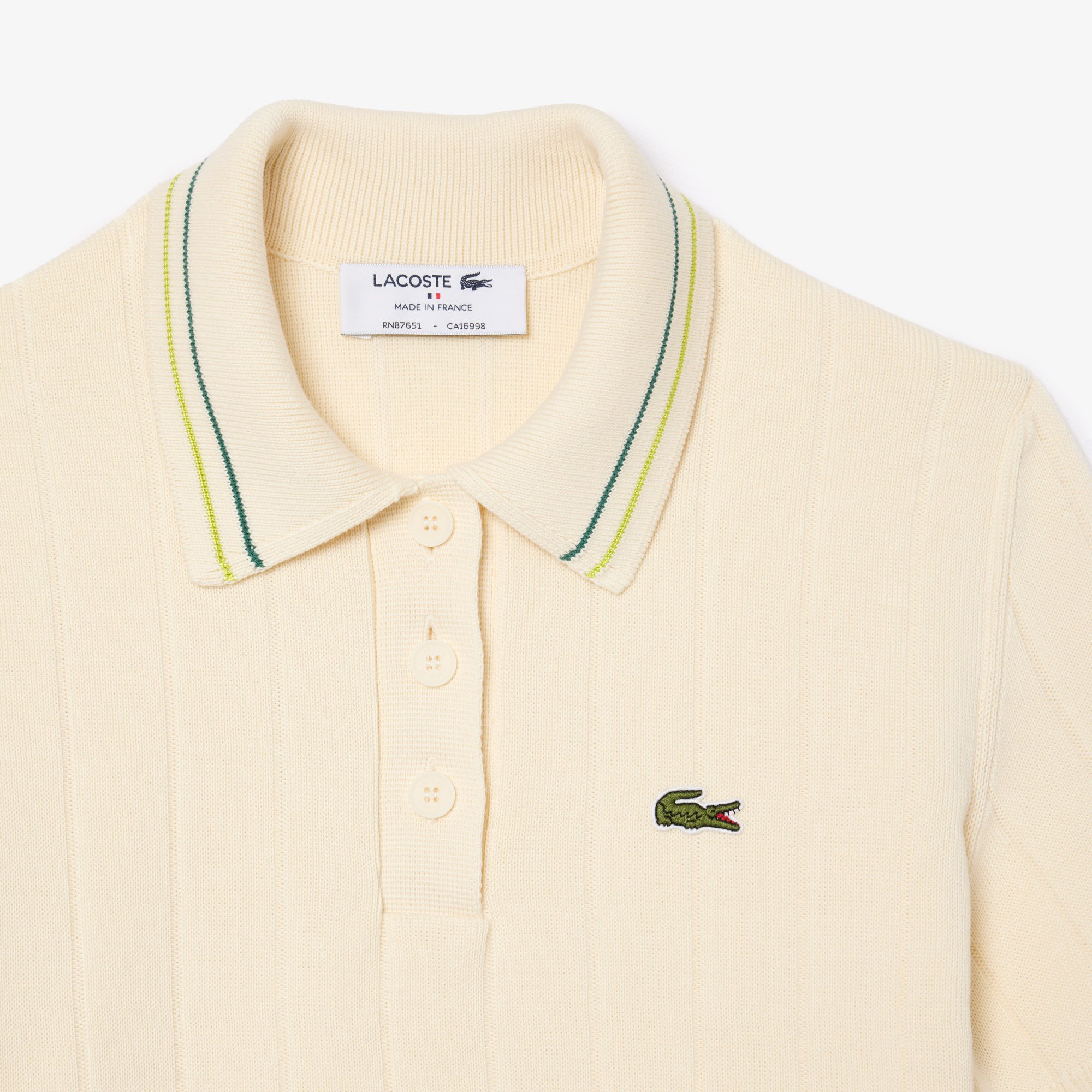 Áo Len Polo Lacoste Nữ Có Sọc Nổi Chất Liệu Cotton Do Pháp Sản Xuất