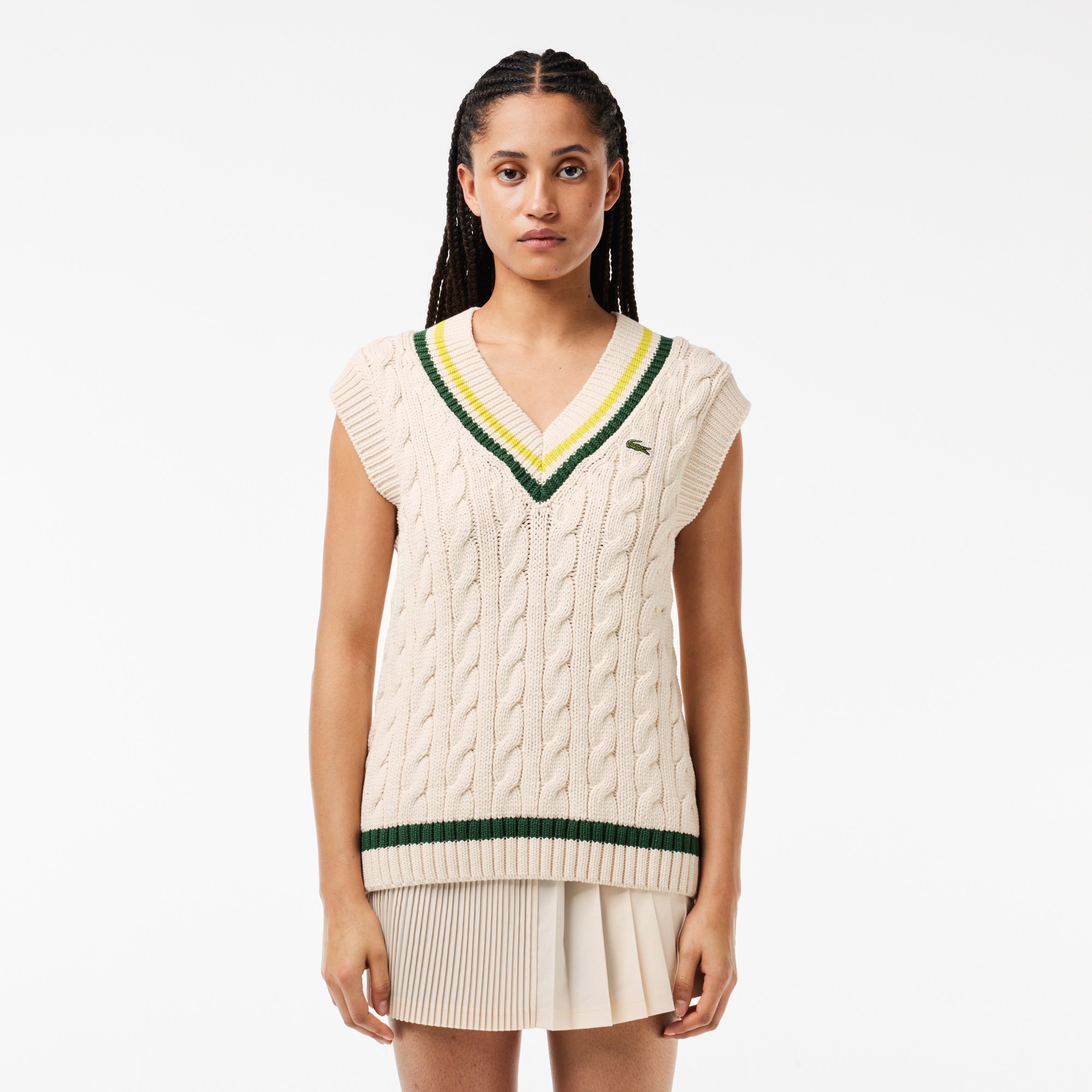 Áo Ghi Lê Len Lacoste Nữ Cổ Chữ V Có Sọc Phối Màu
