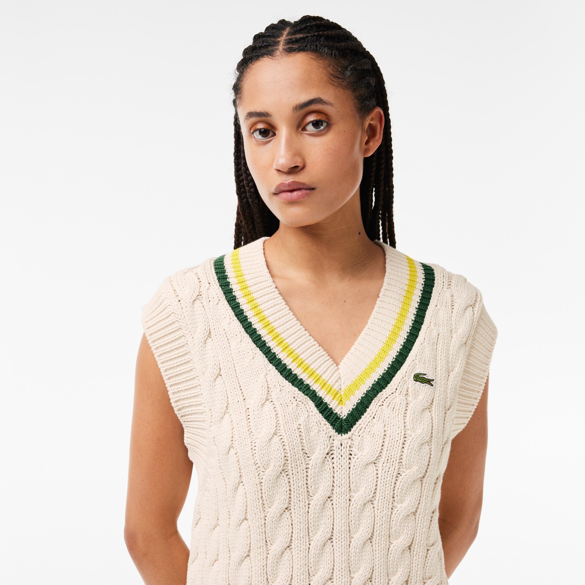 Áo Ghi Lê Len Lacoste Nữ Cổ Chữ V Có Sọc Phối Màu