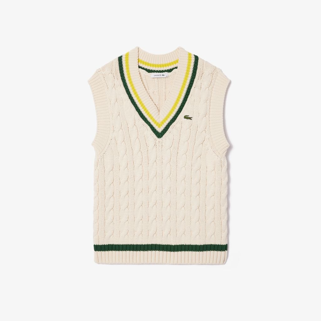 Áo Ghi Lê Len Lacoste Nữ Cổ Chữ V Có Sọc Phối Màu