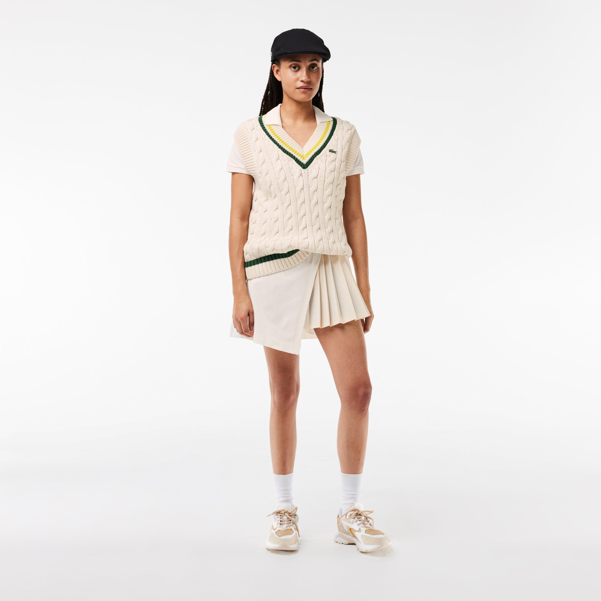Áo Ghi Lê Len Lacoste Nữ Cổ Chữ V Có Sọc Phối Màu