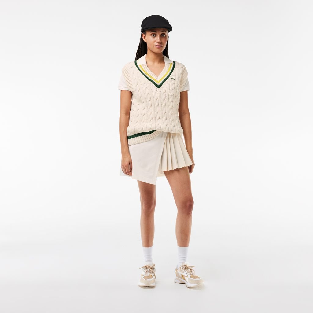 Áo Ghi Lê Len Lacoste Nữ Cổ Chữ V Có Sọc Phối Màu
