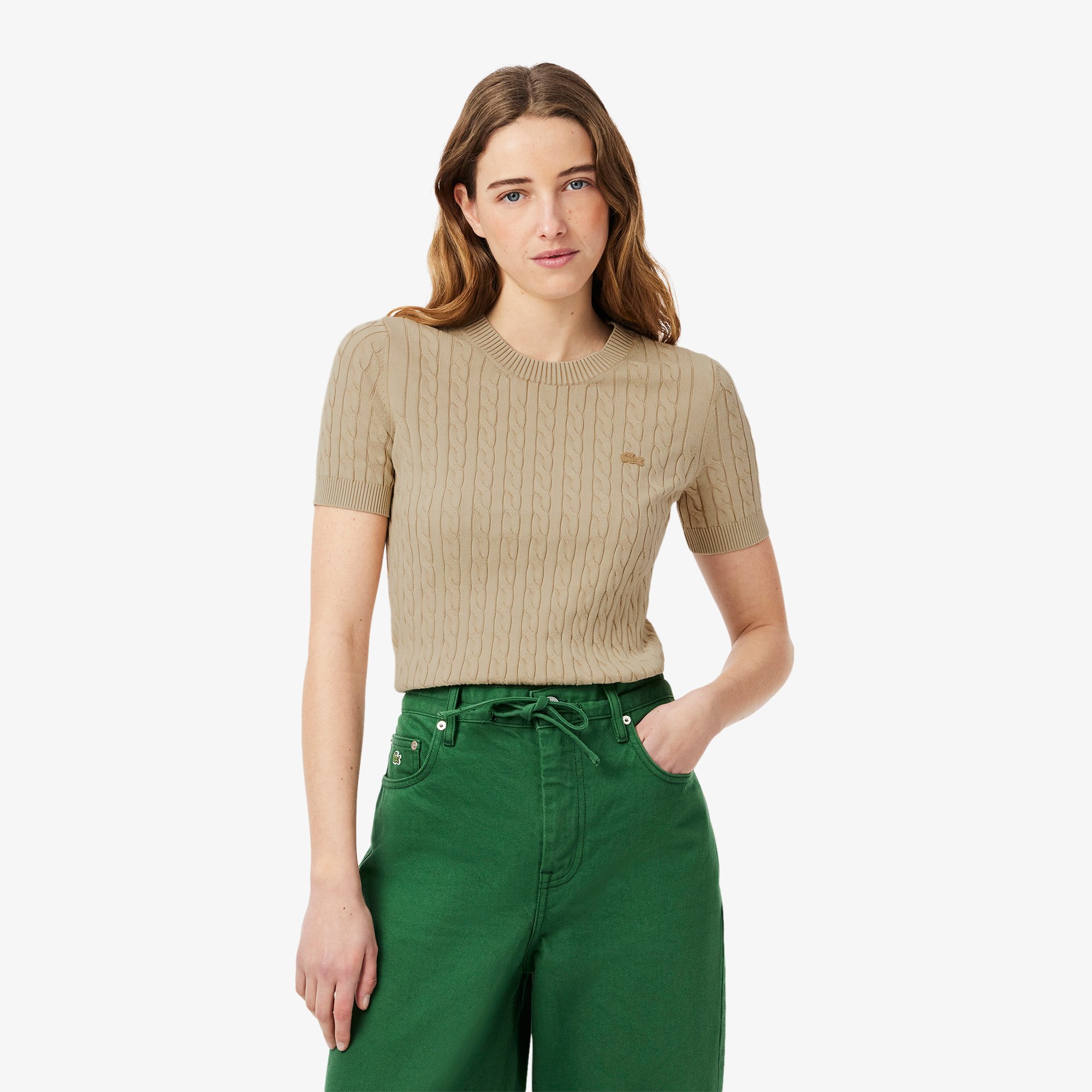 Áo Len Lacoste Nữ Cable Chất Liệu Dệt Kim Hiệu Ứng Washed