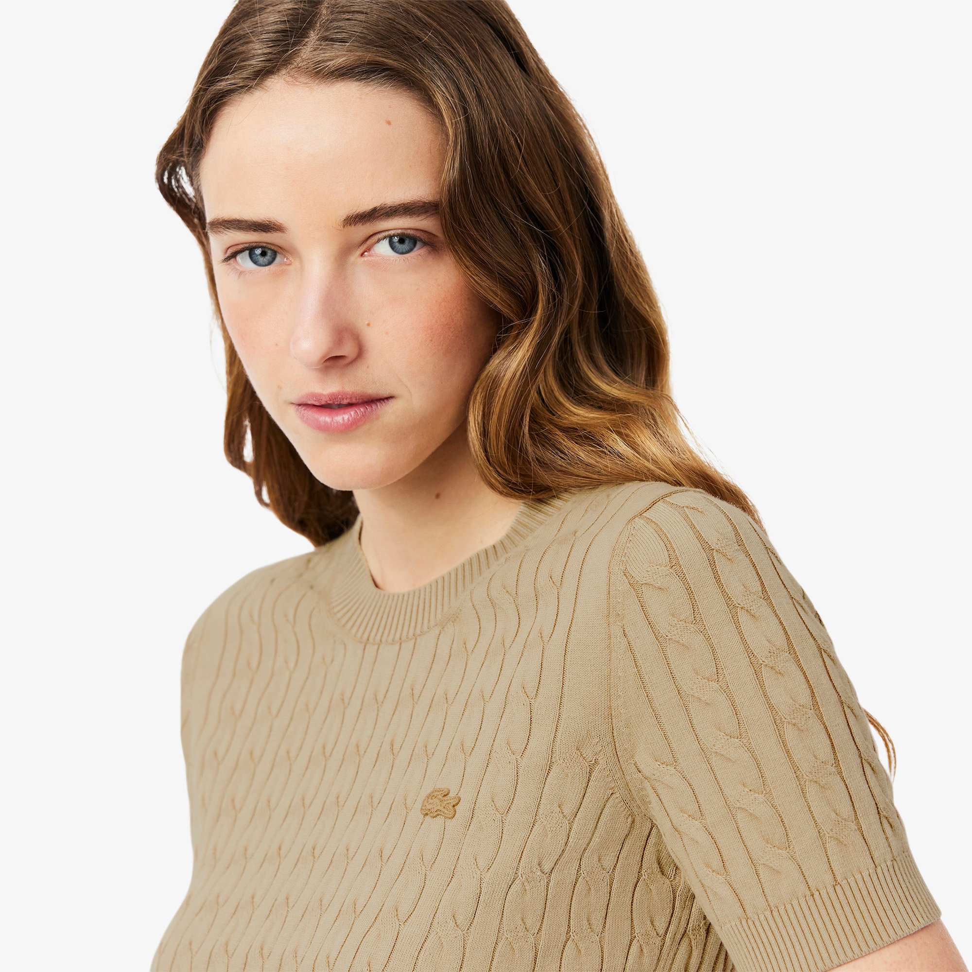 Áo Len Lacoste Nữ Cable Chất Liệu Dệt Kim Hiệu Ứng Washed