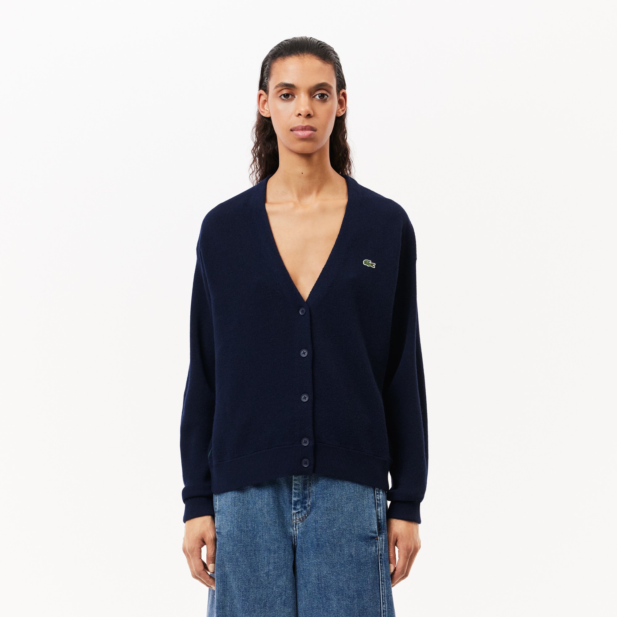 Áo Len Cardigan Lacoste Nữ Dáng Rộng Cổ Chữ V