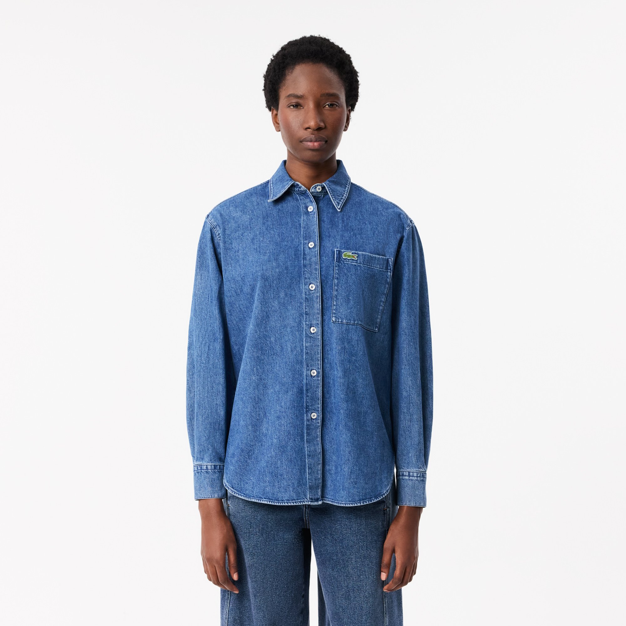 Áo Sơ Mi Lacoste Nữ Oversize Chất Liệu Denim Oversized Có Túi