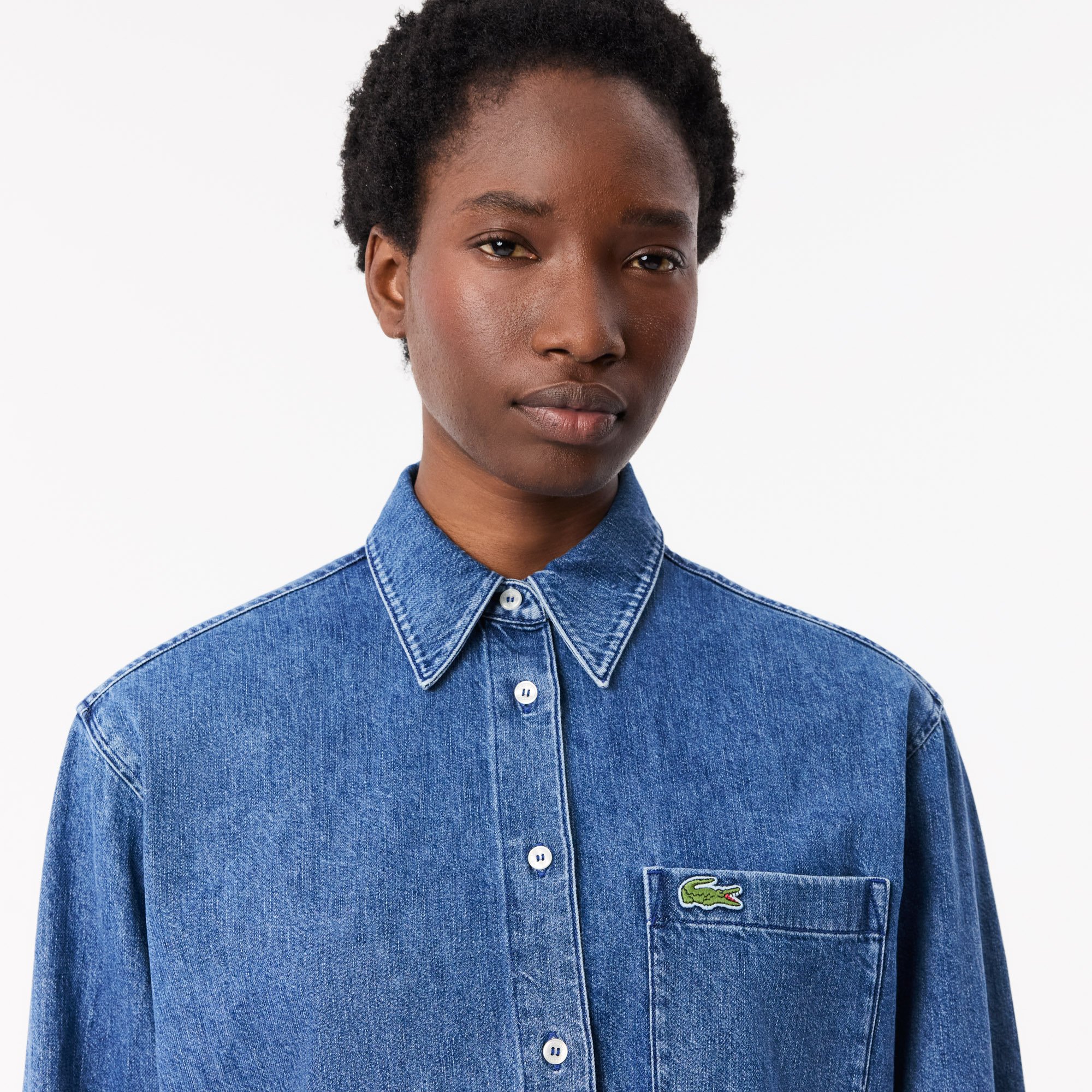 Áo Sơ Mi Lacoste Nữ Oversize Chất Liệu Denim Oversized Có Túi