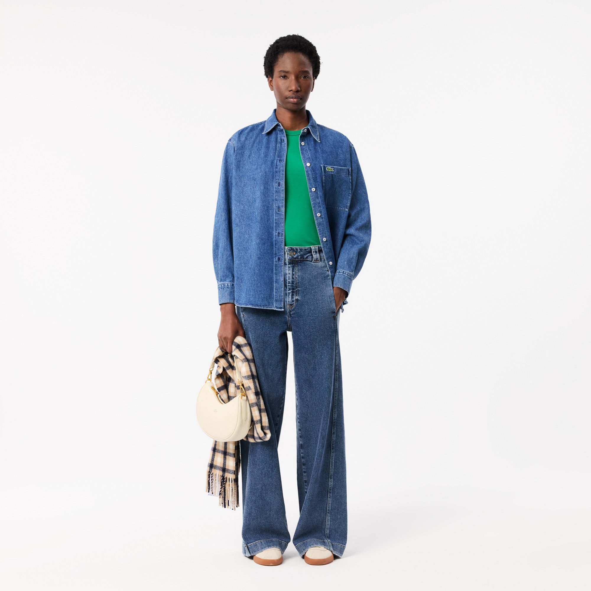 Áo Sơ Mi Lacoste Nữ Oversize Chất Liệu Denim Oversized Có Túi