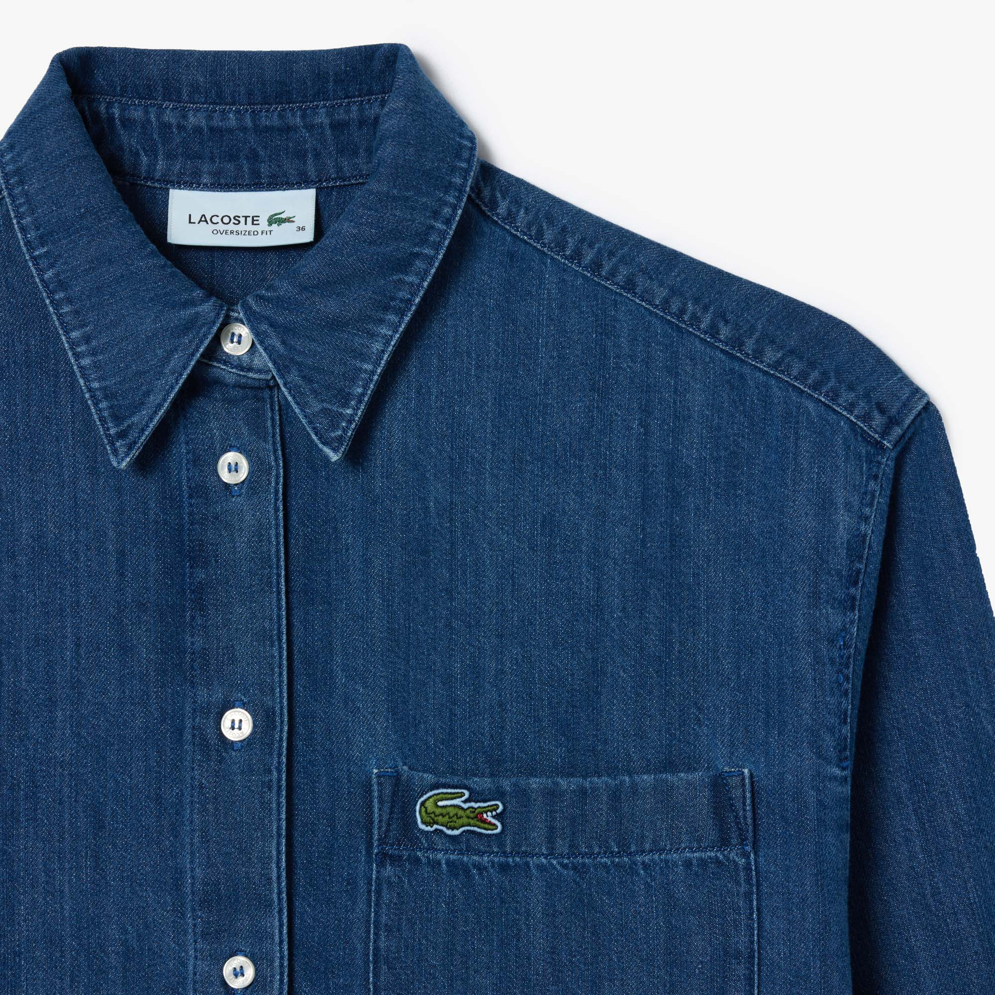 Áo Sơ Mi Lacoste Nữ Oversize Chất Liệu Denim Oversized Có Túi