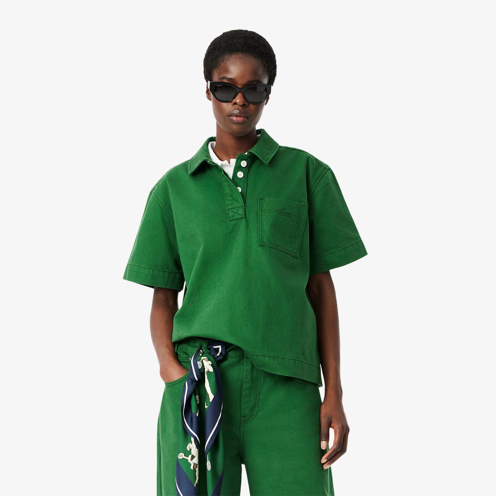 Áo Sơ Mi Polo Lacoste Nữ Dáng Rộng Chất Liệu Denim