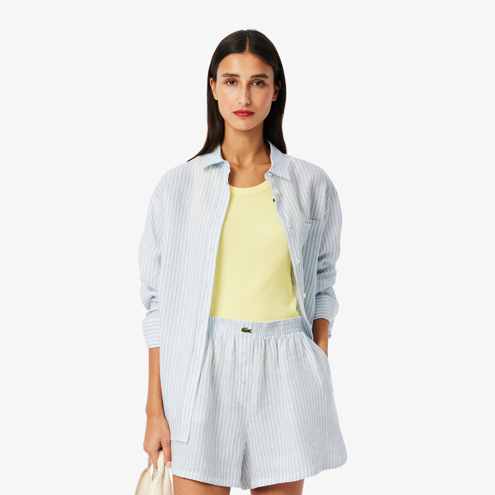 Áo Sơ Mi Lacoste Nữ Dáng Rộng Chất Liệu Linen Hoạ Tiết Sọc