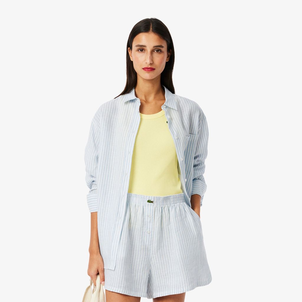 Áo Sơ Mi Lacoste Nữ Dáng Rộng Chất Liệu Linen Hoạ Tiết Sọc