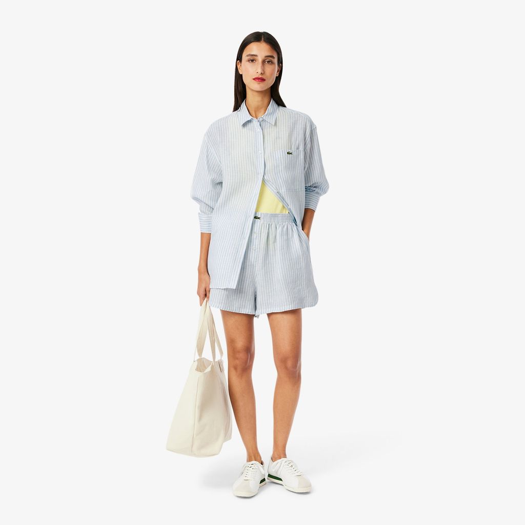 Áo Sơ Mi Lacoste Nữ Dáng Rộng Chất Liệu Linen Hoạ Tiết Sọc