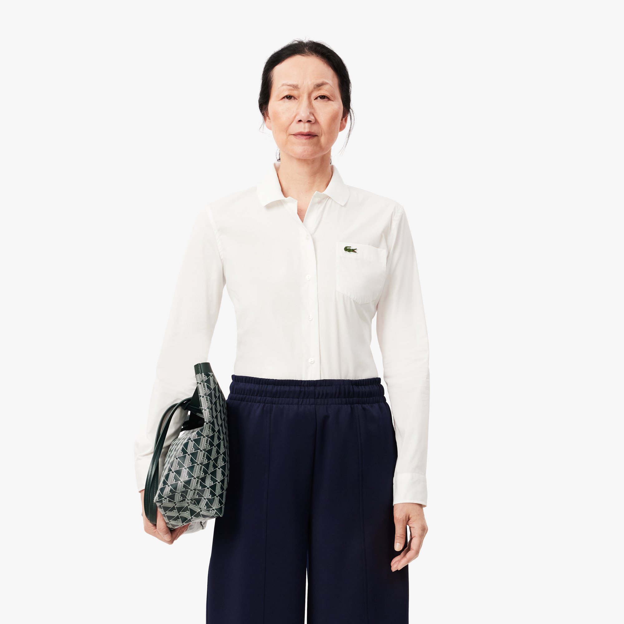 Áo Sơ Mi Lacoste Nữ Ôm Dáng Cổ Có Sọc Nổi Chất Liệu Poplin