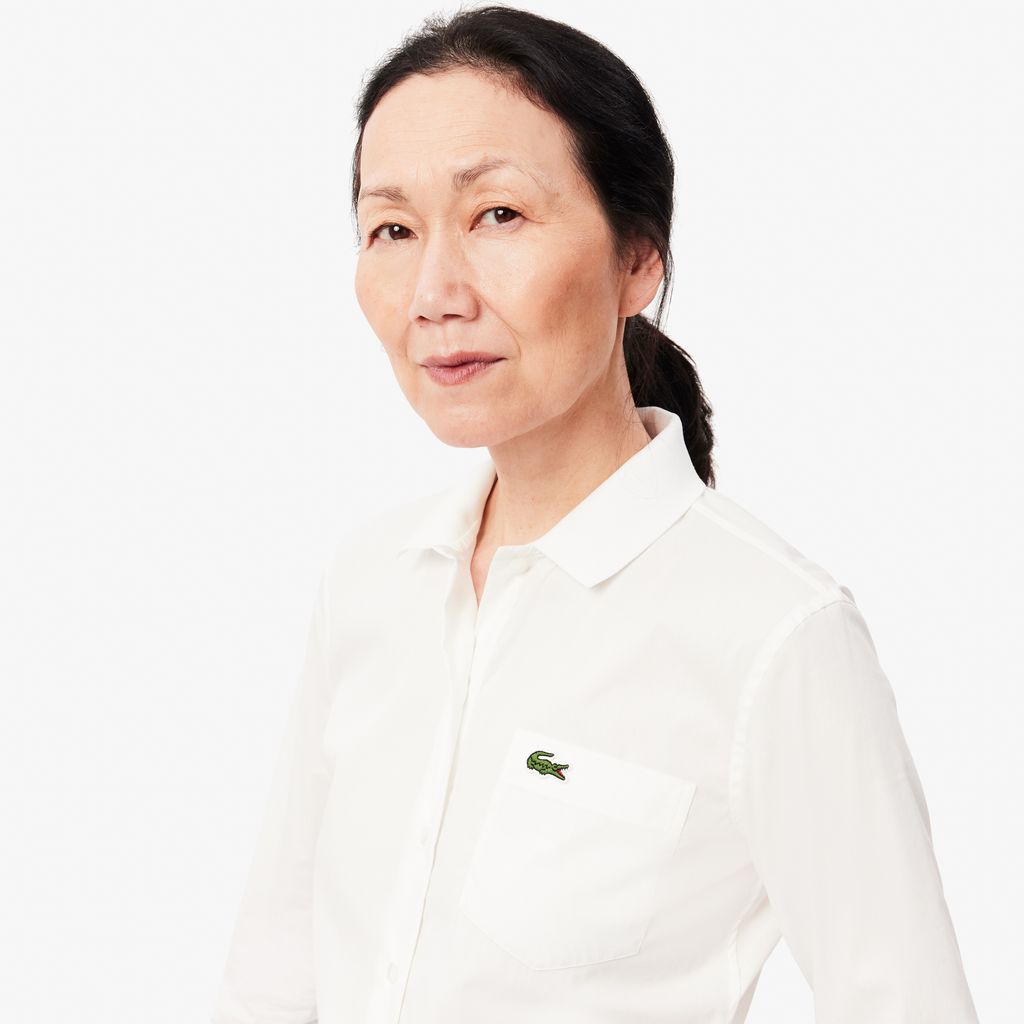Áo Sơ Mi Lacoste Nữ Ôm Dáng Cổ Có Sọc Nổi Chất Liệu Poplin