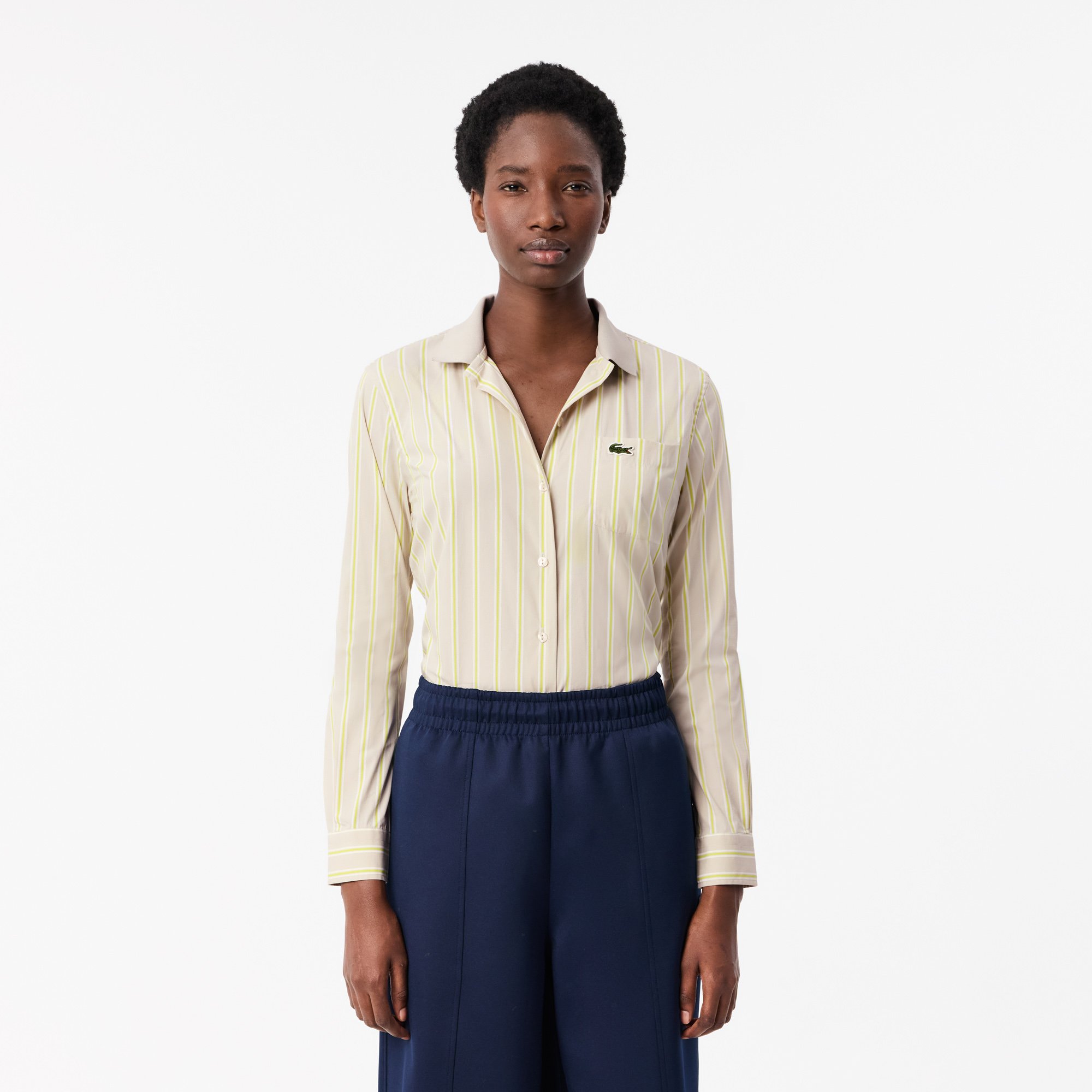 Áo Sơ Mi Lacoste Nữ Ôm Dáng Cổ Có Sọc Nổi Chất Liệu Poplin