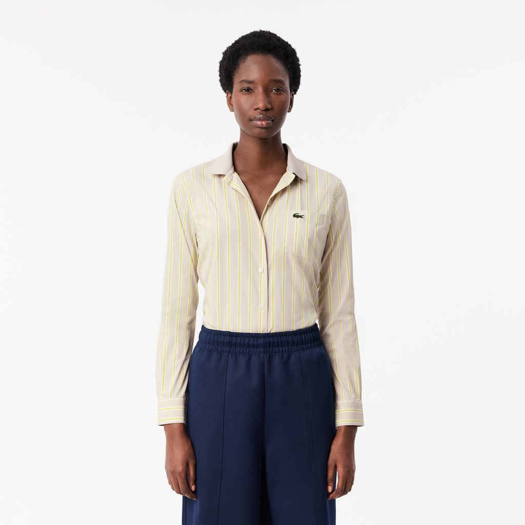 Áo Sơ Mi Lacoste Nữ Ôm Dáng Cổ Có Sọc Nổi Chất Liệu Poplin