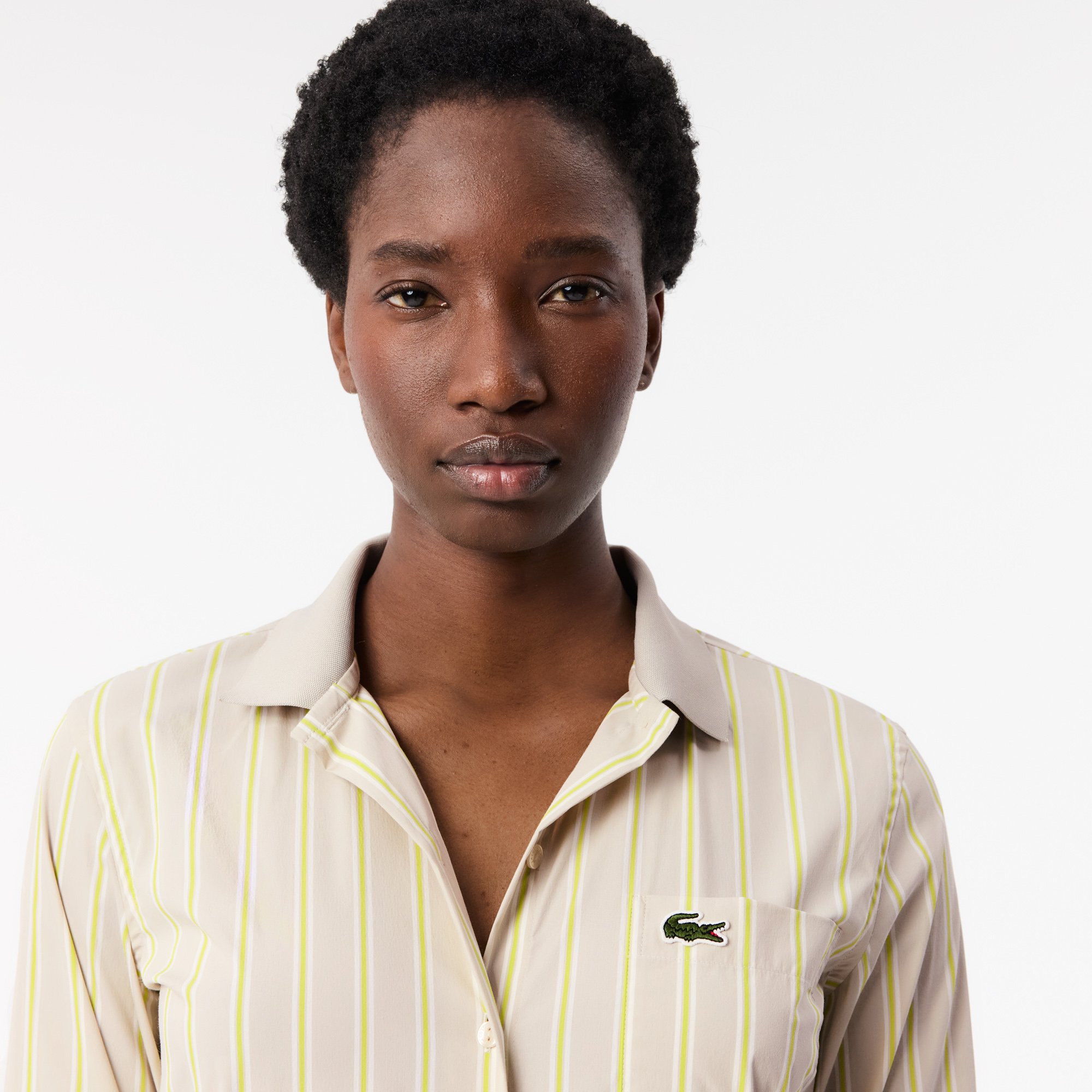 Áo Sơ Mi Lacoste Nữ Ôm Dáng Cổ Có Sọc Nổi Chất Liệu Poplin