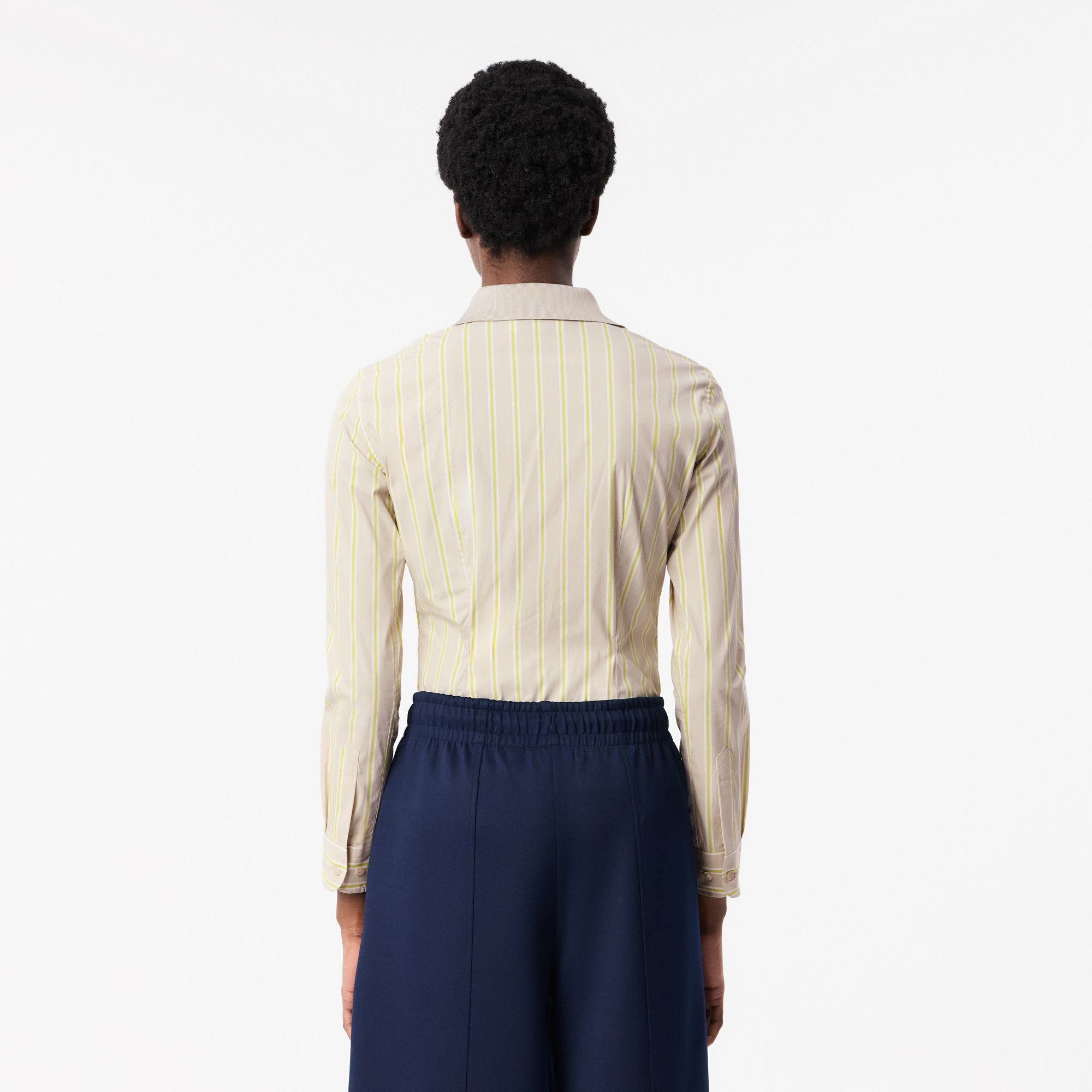 Áo Sơ Mi Lacoste Nữ Ôm Dáng Cổ Có Sọc Nổi Chất Liệu Poplin