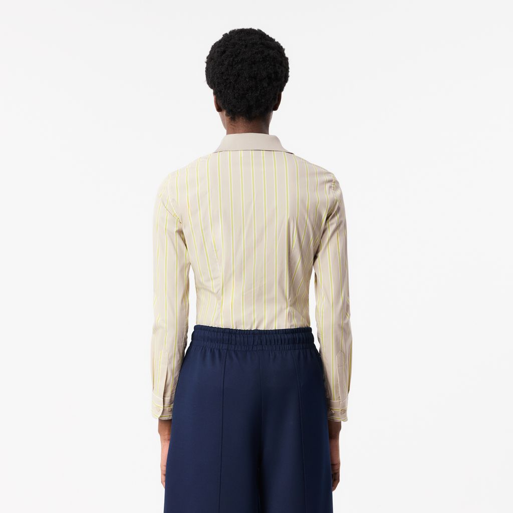 Áo Sơ Mi Lacoste Nữ Ôm Dáng Cổ Có Sọc Nổi Chất Liệu Poplin