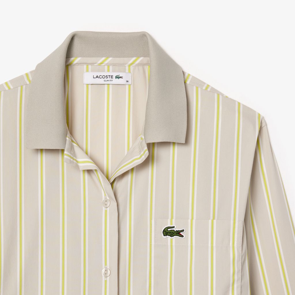 Áo Sơ Mi Lacoste Nữ Ôm Dáng Cổ Có Sọc Nổi Chất Liệu Poplin