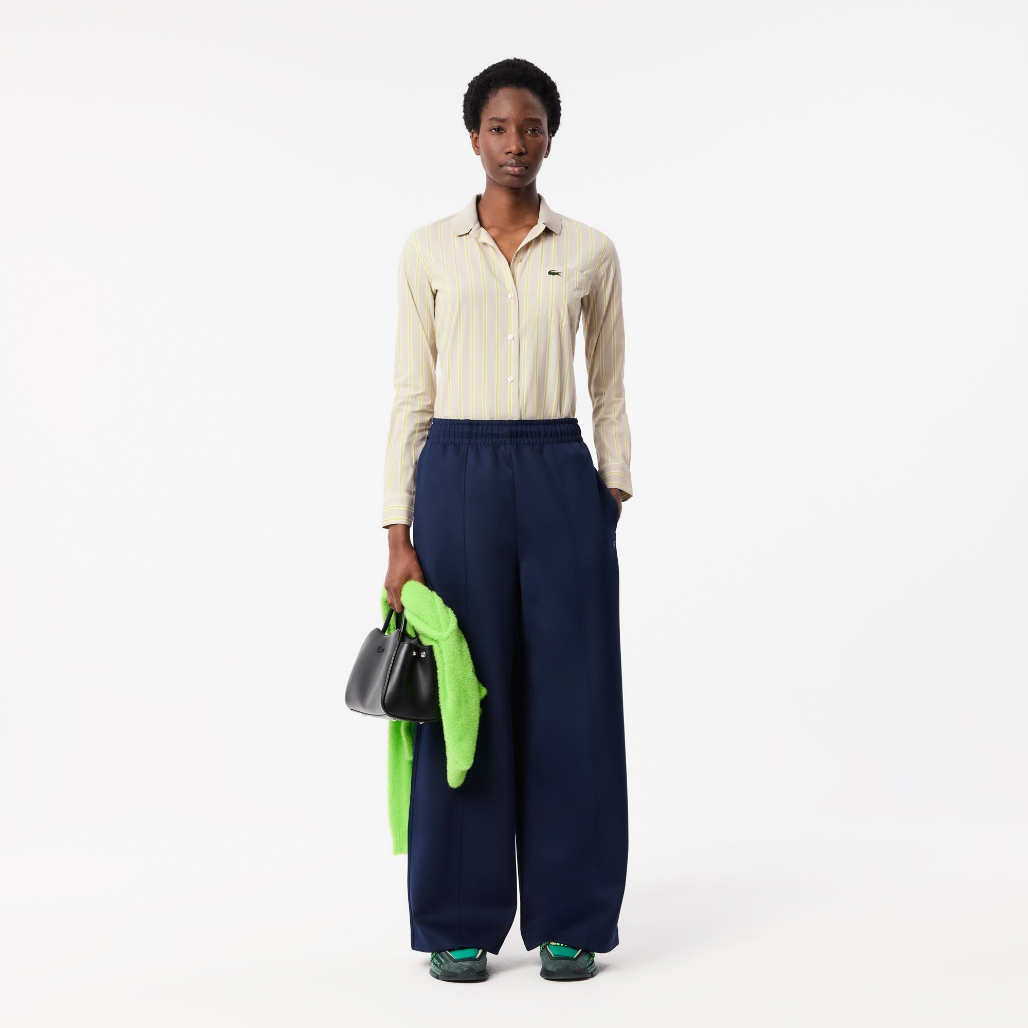 Áo Sơ Mi Lacoste Nữ Ôm Dáng Cổ Có Sọc Nổi Chất Liệu Poplin