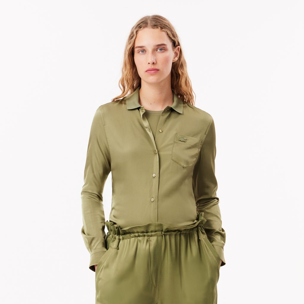 Áo Sơ Mi Lacoste Nữ Ôm Dáng Cổ Có Sọc Nổi Chất Liệu Fluid