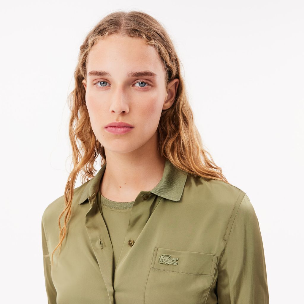 Áo Sơ Mi Lacoste Nữ Ôm Dáng Cổ Có Sọc Nổi Chất Liệu Fluid