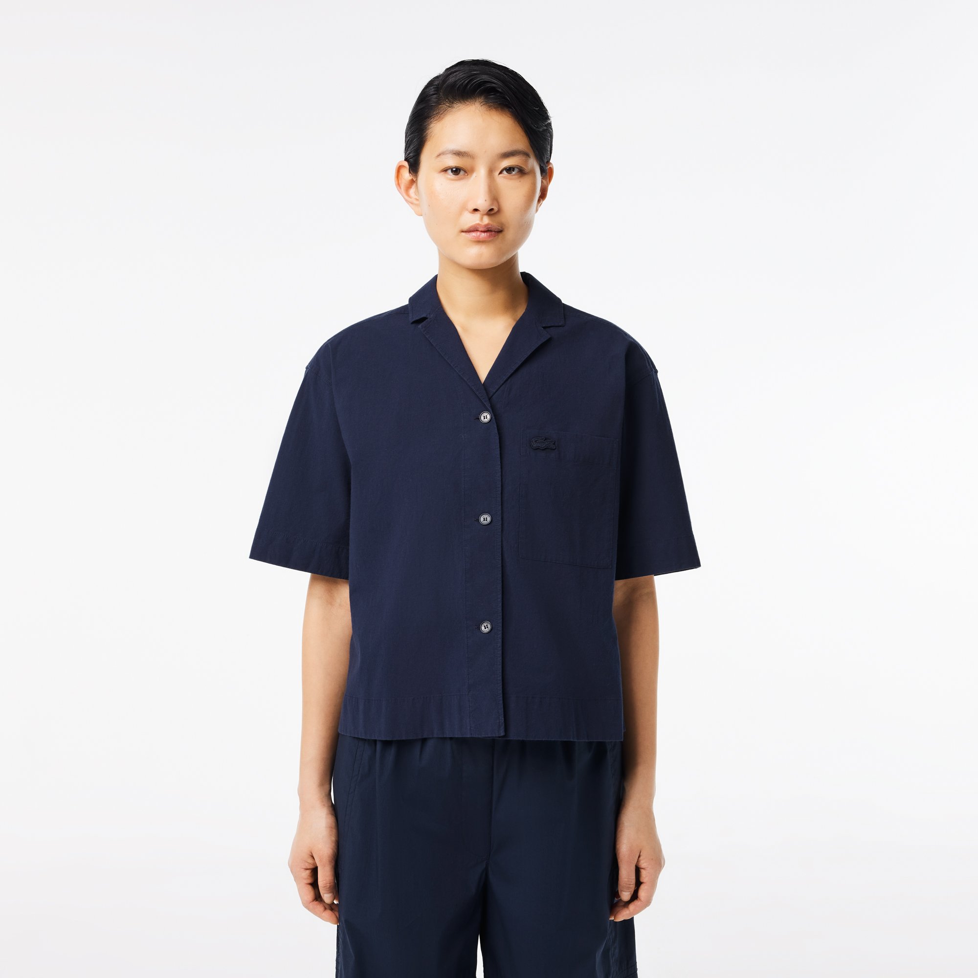 Áo Sơ Mi Lacoste Nữ Oversize Dáng Ngắn Chất Liệu Cotton