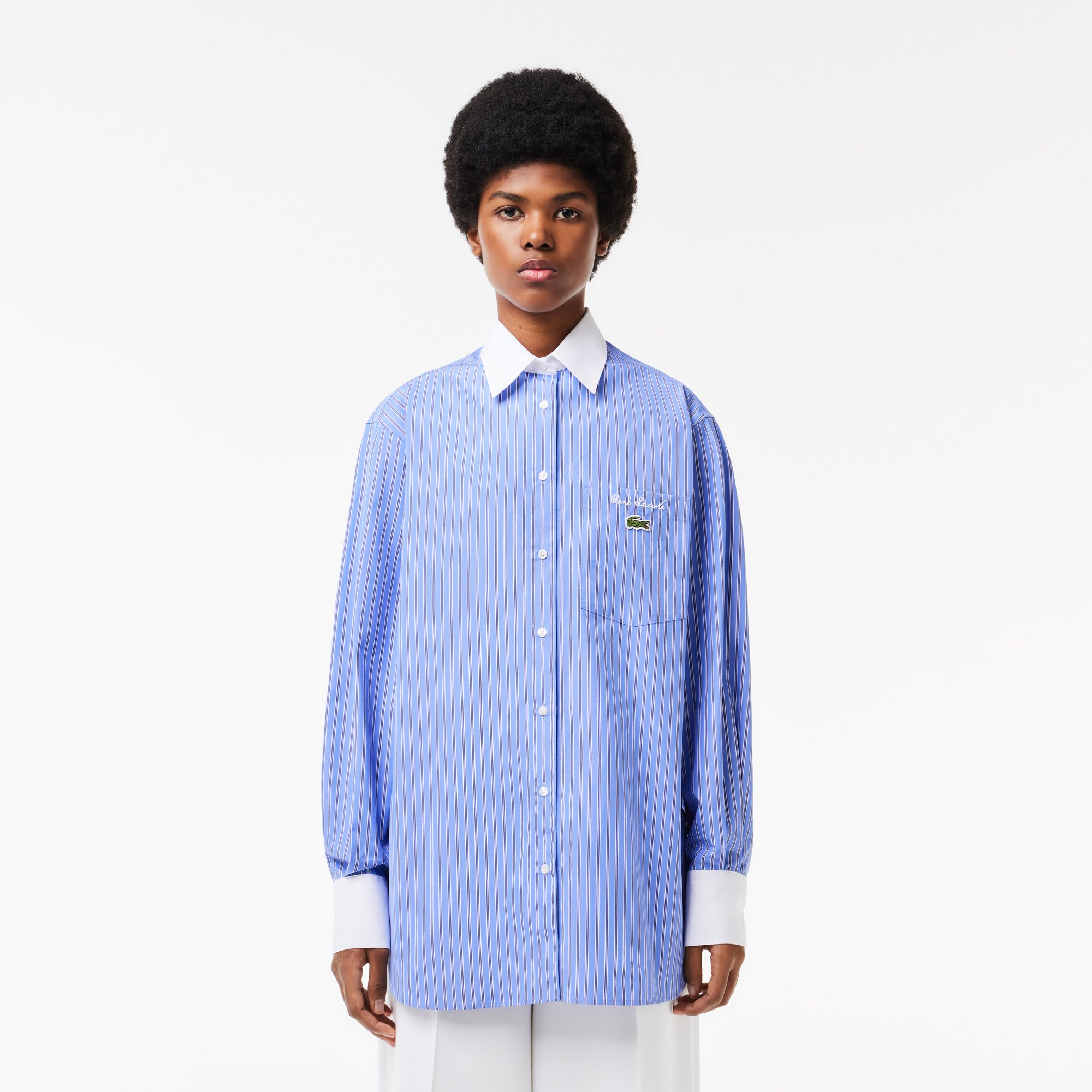Áo Sơ Mi Lacoste Nữ Dài Oversize Cổ Phối Màu Chất Liệu Poplin