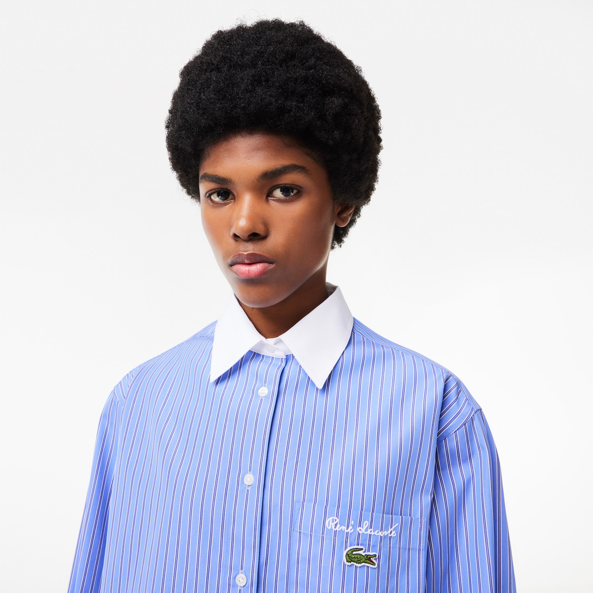 Áo Sơ Mi Lacoste Nữ Dài Oversize Cổ Phối Màu Chất Liệu Poplin