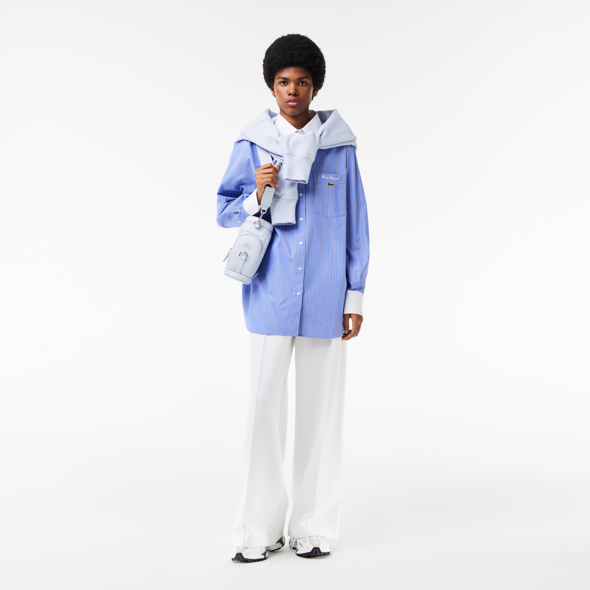 Áo Sơ Mi Lacoste Nữ Dài Oversize Cổ Phối Màu Chất Liệu Poplin